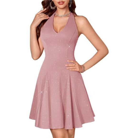 Glitter Sparkle V Neck Cocktail Dress for Women Pink - Picture 1 of 6